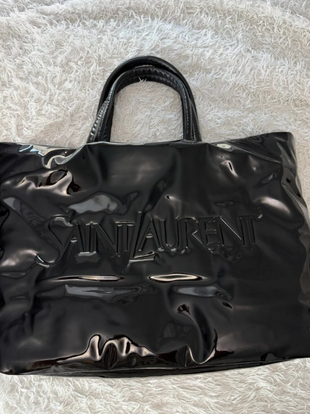SAINT LAURENT Patent Wide Puffer Maxi Tote in Black